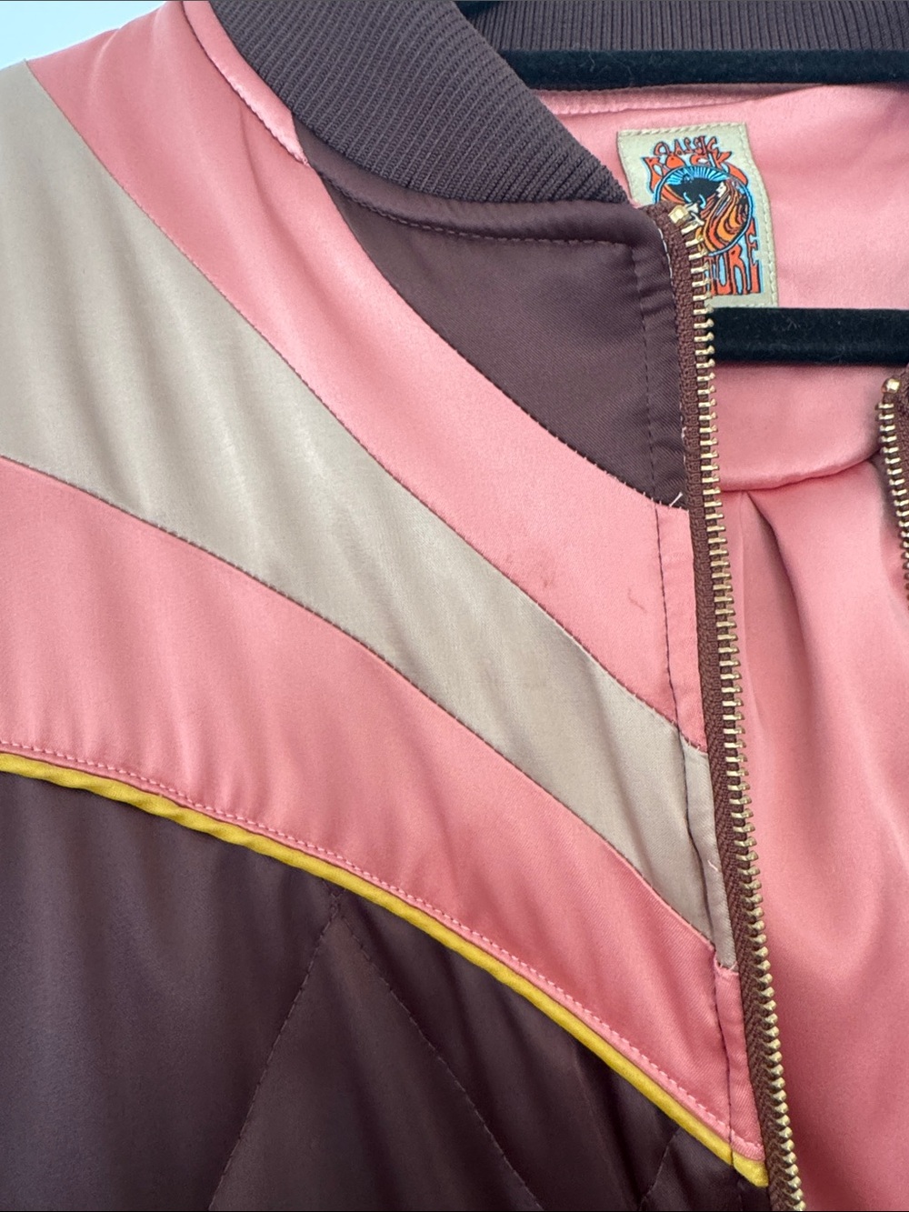 Brown Quilted Bomber Jacket with Pink Chevron Accents - Picture 4 of 6
